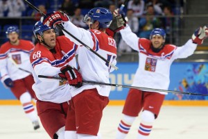 Czech Republic's Roman Cervenka and Czech Republic's Jaromir Jagr celebrate a goal during the Men's Ice Hockey Play-offs Czech Republic vs Slovakia at the Shayba Arena during the Sochi Winter Olympics on February 18, 2014.   AFP PHOTO / JUNG YEON-JEJUNG YEON-JE/AFP/Getty Images